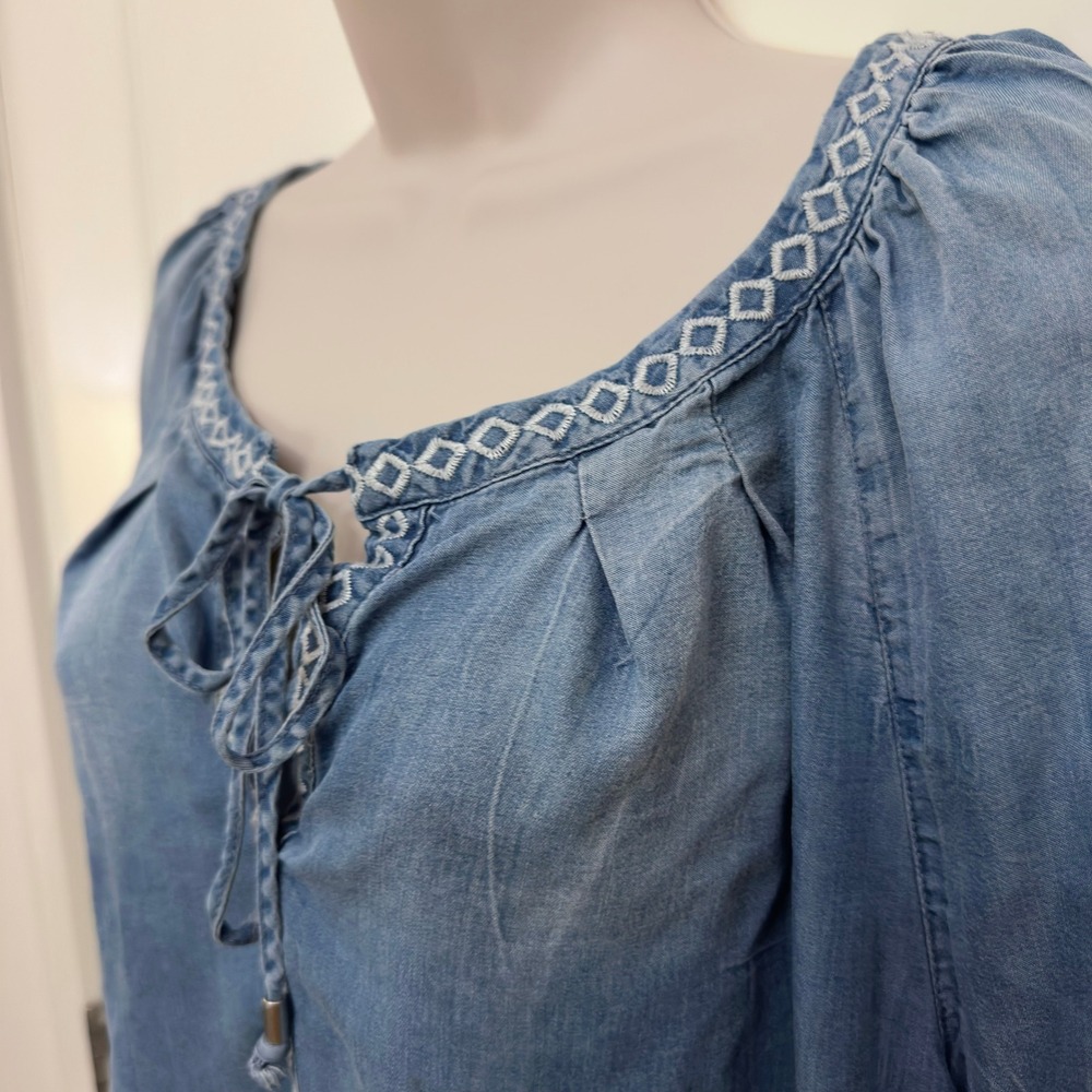 Oversized Denim XXL Peasant Blouse Embroidered Boho Hippie Romantic Cowgirl